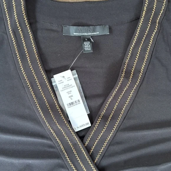 White House Black Market surplus wrap black top brown contrast stitching NWT Lg - Picture 8 of 11